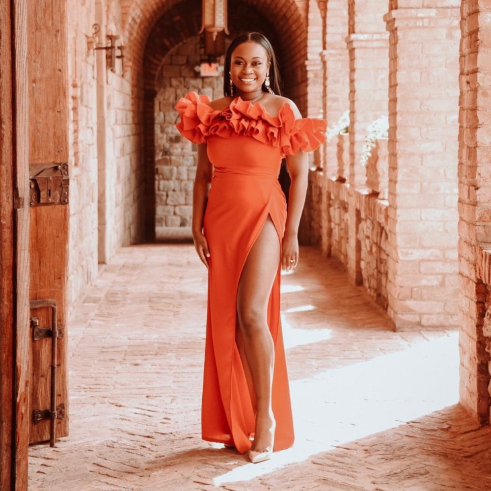 Red high slit gown